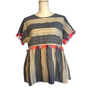 ANDREE BY UNIT Womens Boxy Blouse Babydoll Tassels Top Size Large Striped‎ Boho